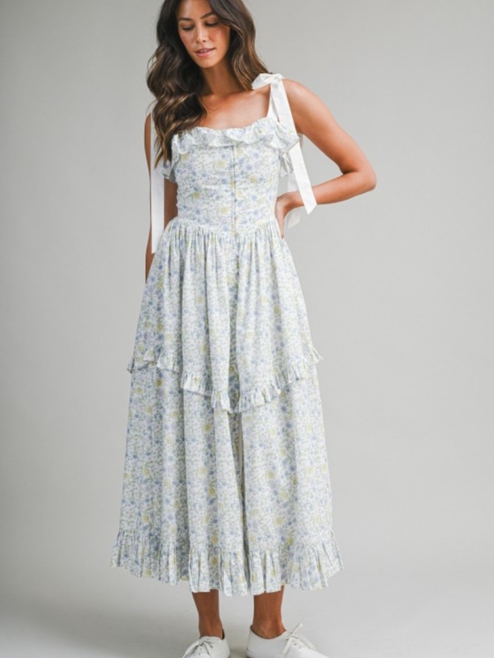 Floral Printed Contrast Shoulder Strap Midi Dress - Picture 2 of 7